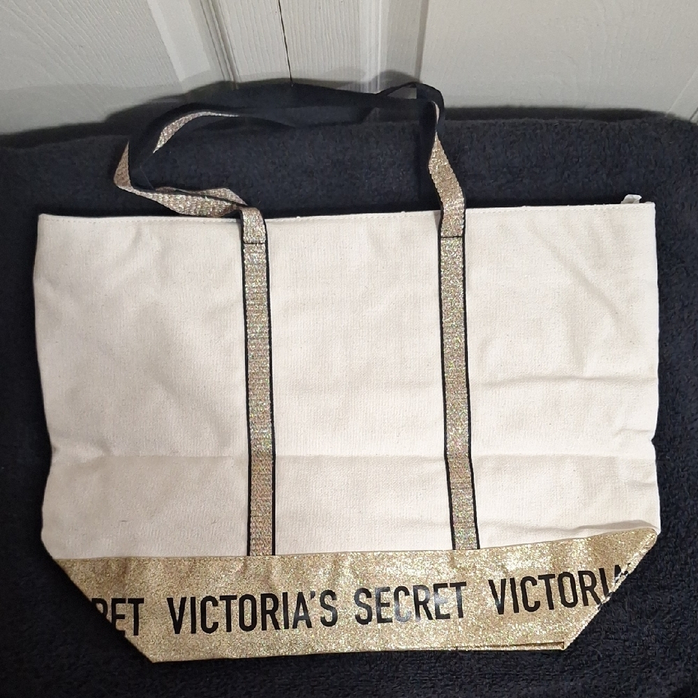 Victoria's Secret Sparkling Gliyter Gold and Cream Large Zip Tote - Picture 2 of 5